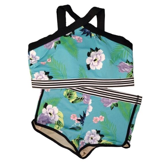 Cacique Teal Tropical Lined No Wire Halter Swim Top Plussize 18 - Picture 6 of 14